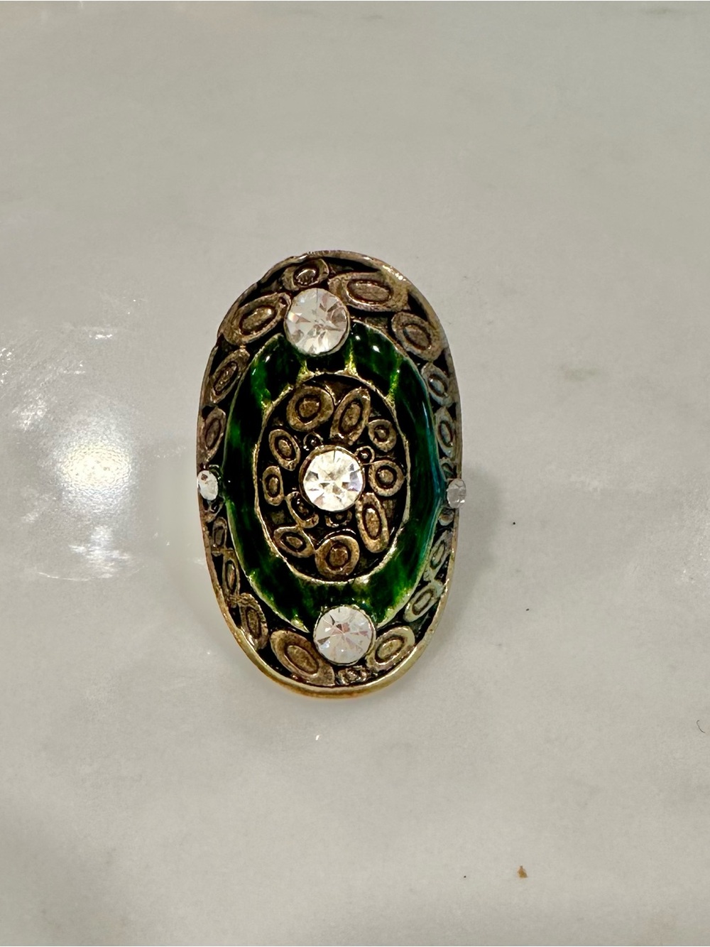 Vintage-Style Green Enamel Oval Cocktail Ring with Clear Crystals